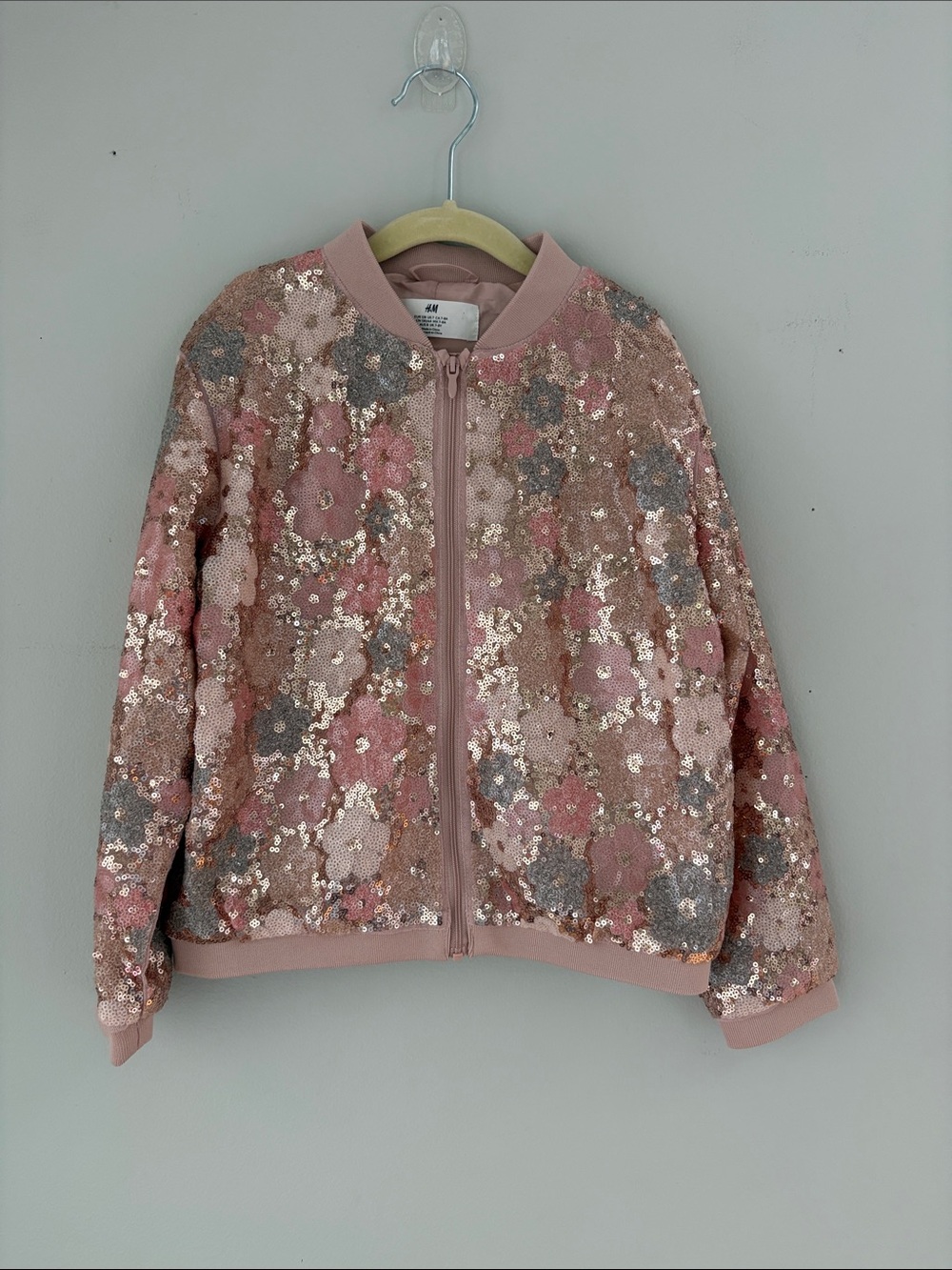 NWOT H&M Pink and Gray Floral Sequin Bomber Jacket